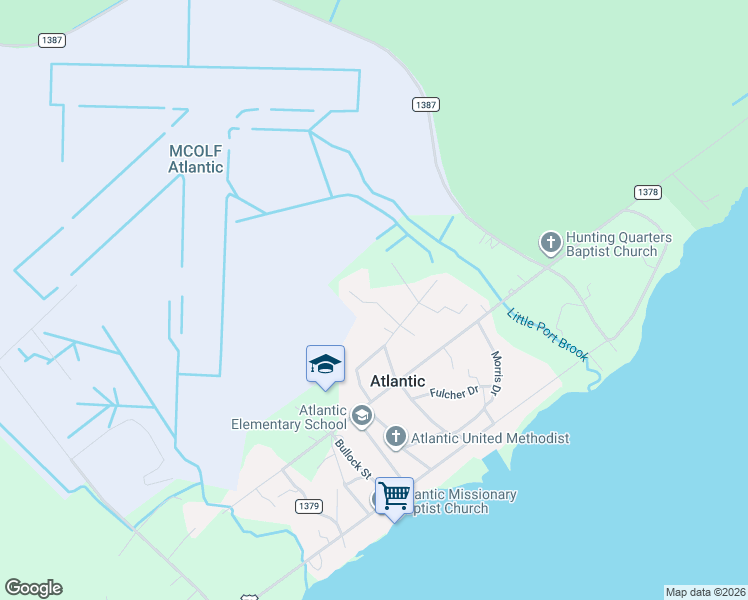 map of restaurants, bars, coffee shops, grocery stores, and more near Seafood Lane in Atlantic