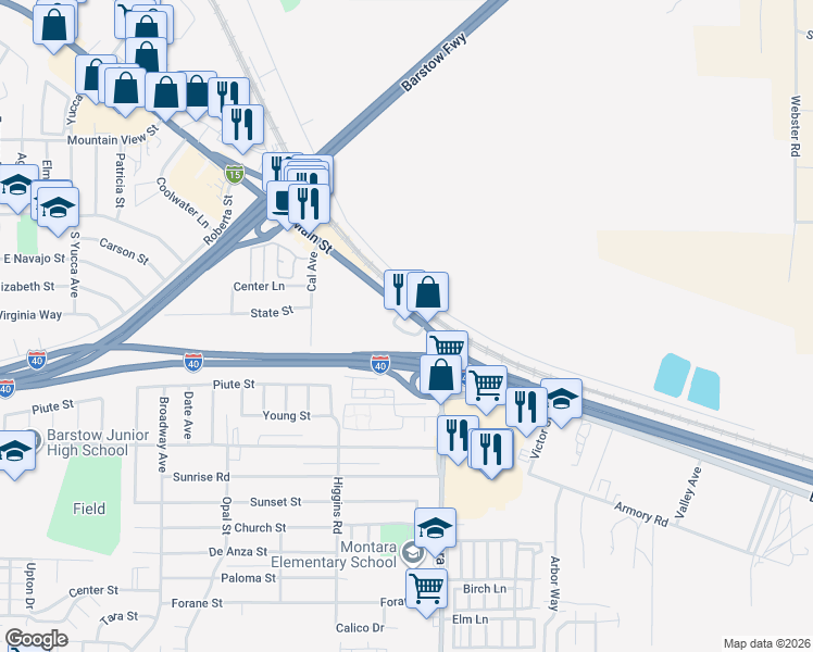 map of restaurants, bars, coffee shops, grocery stores, and more near 1917 East Main Street in Barstow