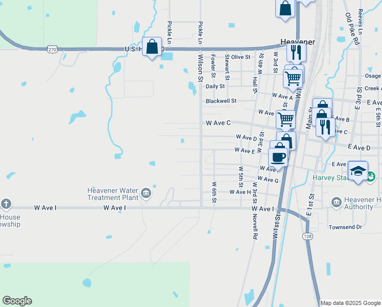 map of restaurants, bars, coffee shops, grocery stores, and more near 701 West Avenue East in Heavener