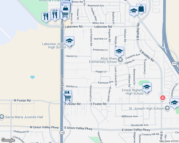 map of restaurants, bars, coffee shops, grocery stores, and more near 390 Townsend Lane in Santa Maria