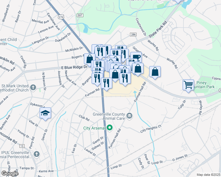 map of restaurants, bars, coffee shops, grocery stores, and more near 1500 Poinsett Highway in Greenville