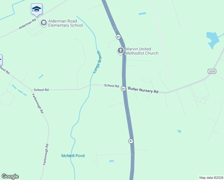 map of restaurants, bars, coffee shops, grocery stores, and more near 3450-3598 School Road in Fayetteville