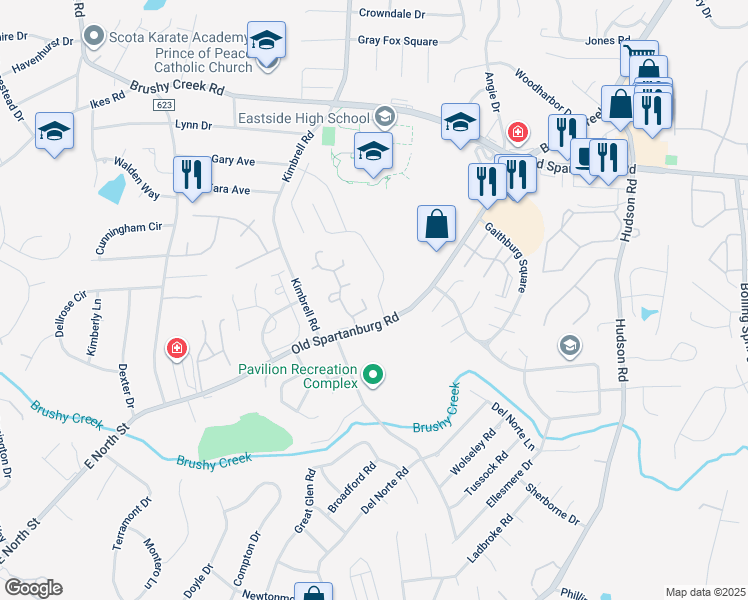 map of restaurants, bars, coffee shops, grocery stores, and more near 11 Noble Wing Ln in Greenville