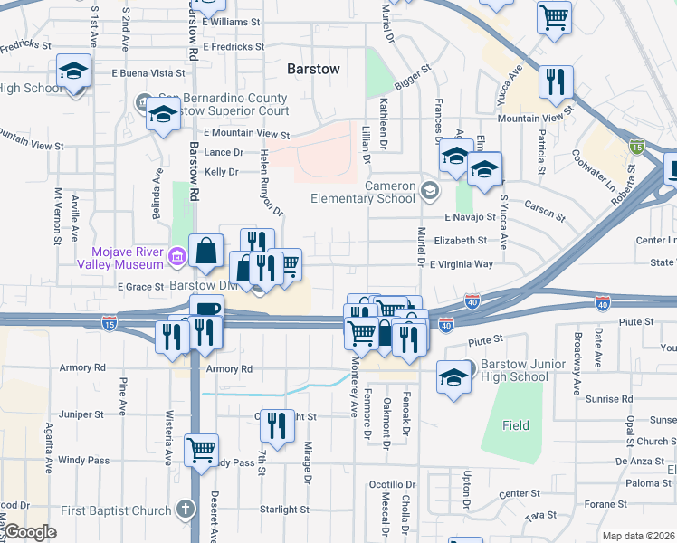 map of restaurants, bars, coffee shops, grocery stores, and more near in Barstow