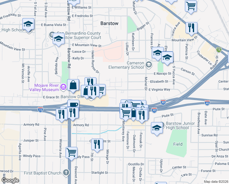 map of restaurants, bars, coffee shops, grocery stores, and more near in Barstow