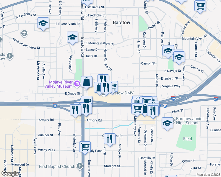 map of restaurants, bars, coffee shops, grocery stores, and more near 615 East Virginia Way in Barstow