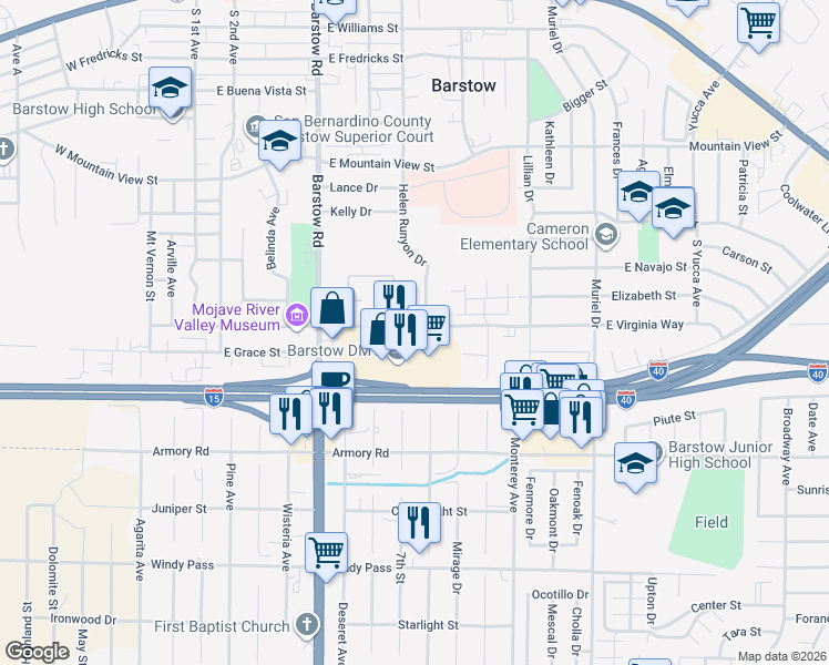 map of restaurants, bars, coffee shops, grocery stores, and more near 620 East Virginia Way in Barstow