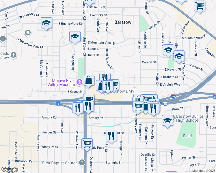 map of restaurants, bars, coffee shops, grocery stores, and more near 616 East Virginia Way in Barstow