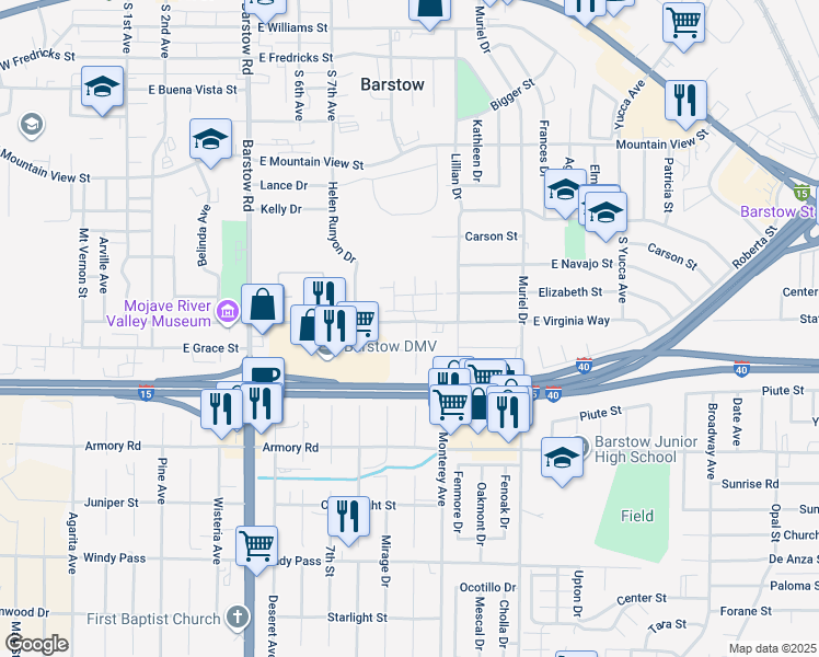 map of restaurants, bars, coffee shops, grocery stores, and more near 728 East Virginia Way in Barstow