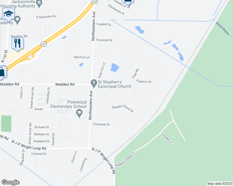 map of restaurants, bars, coffee shops, grocery stores, and more near 1807 Madden Road in Jacksonville