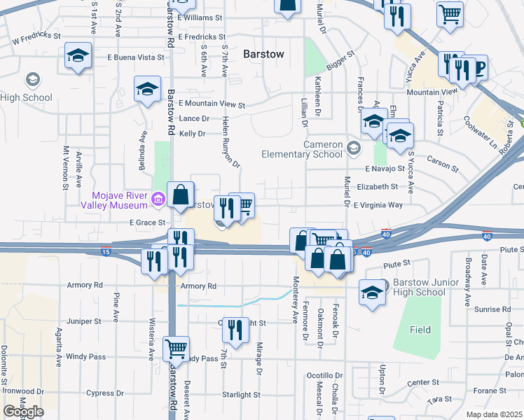 map of restaurants, bars, coffee shops, grocery stores, and more near 716 East Virginia Way in Barstow