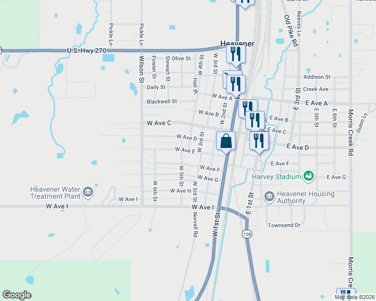 map of restaurants, bars, coffee shops, grocery stores, and more near 698 West 4th Street in Heavener