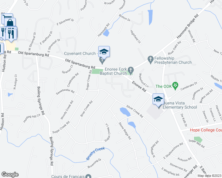 map of restaurants, bars, coffee shops, grocery stores, and more near 410 Sparrow Hawk Court in Greer