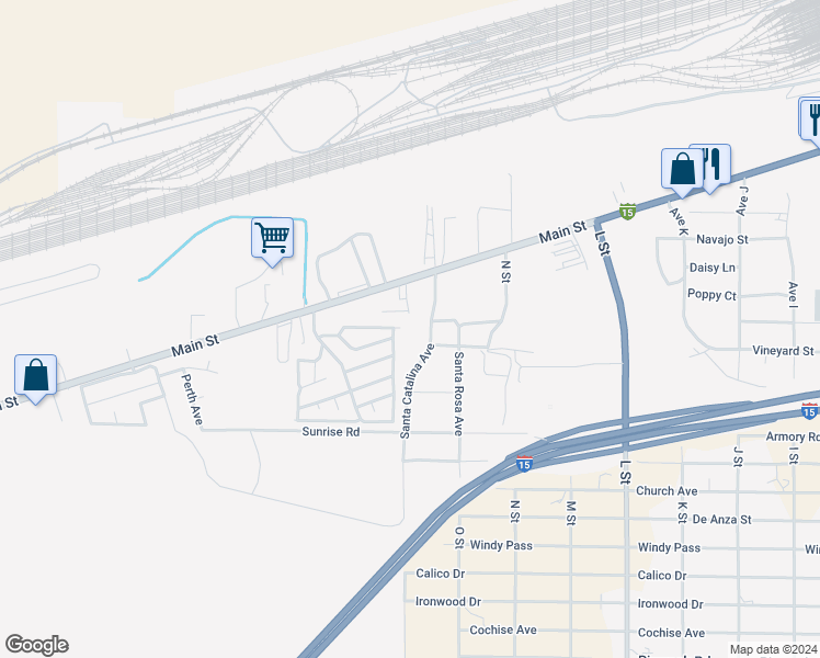 map of restaurants, bars, coffee shops, grocery stores, and more near Santa Catalina Avenue in Barstow