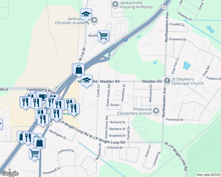map of restaurants, bars, coffee shops, grocery stores, and more near 2401 Green Acres Road in Jacksonville
