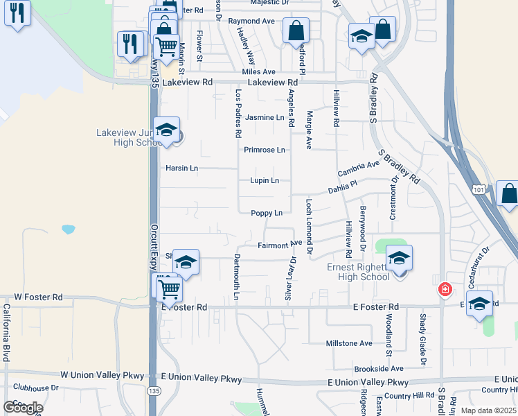 map of restaurants, bars, coffee shops, grocery stores, and more near 522 Dahlia Place in Orcutt