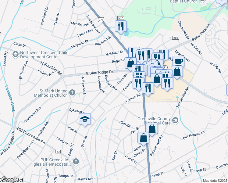 map of restaurants, bars, coffee shops, grocery stores, and more near 621 Perry Road in Greenville