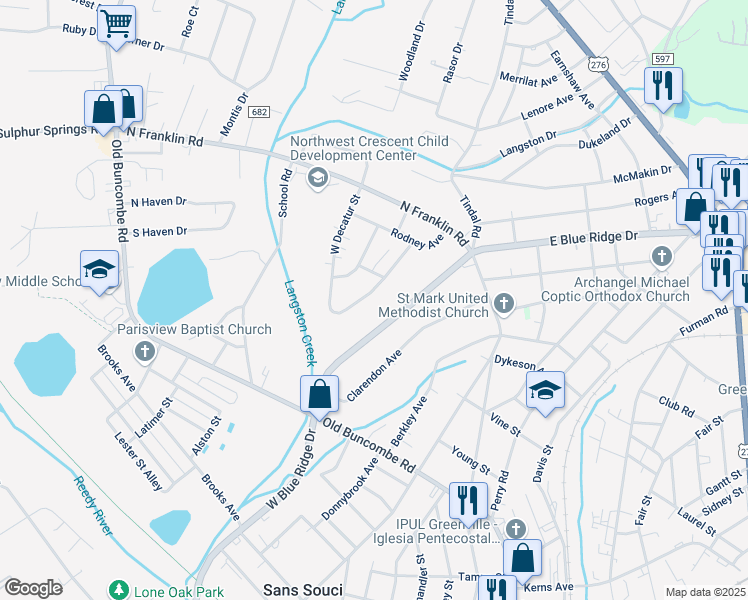map of restaurants, bars, coffee shops, grocery stores, and more near 101 East Decatur Street in Greenville