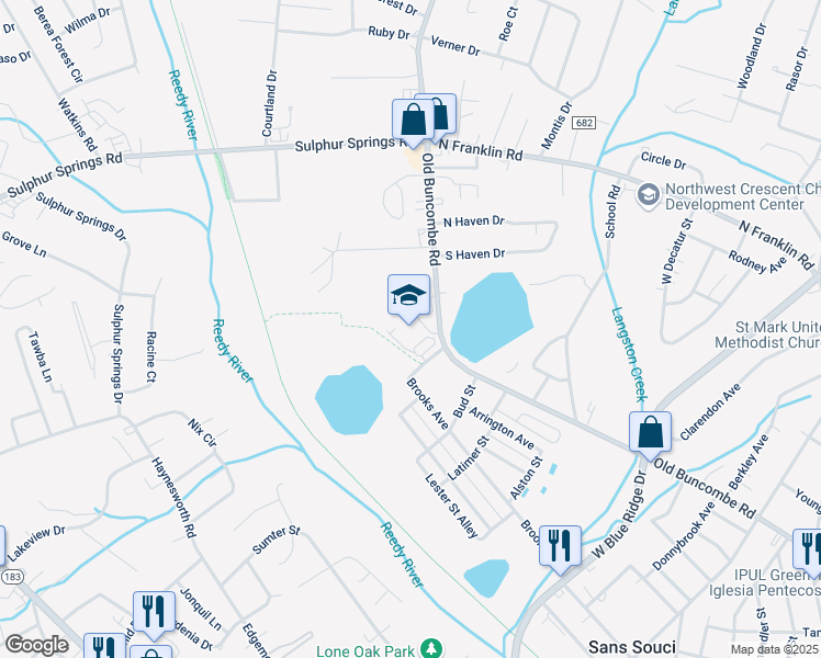 map of restaurants, bars, coffee shops, grocery stores, and more near 3801 Old Buncombe Road in Greenville