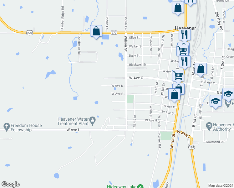 map of restaurants, bars, coffee shops, grocery stores, and more near 712 West Avenue D in Heavener