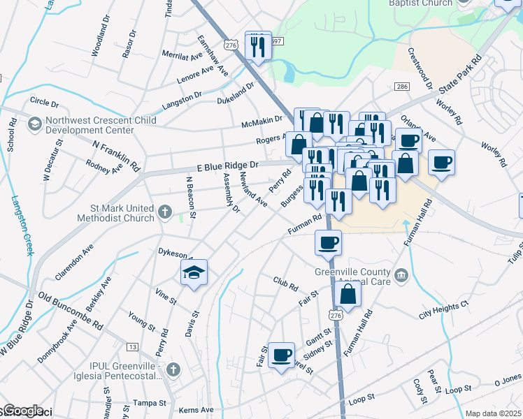map of restaurants, bars, coffee shops, grocery stores, and more near 621 Perry Road in Greenville