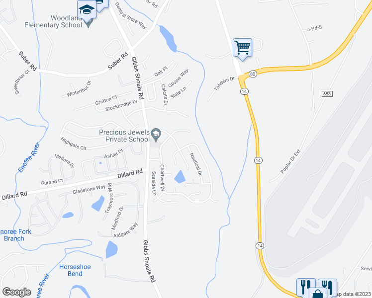 map of restaurants, bars, coffee shops, grocery stores, and more near 55 Nautical Drive in Greer