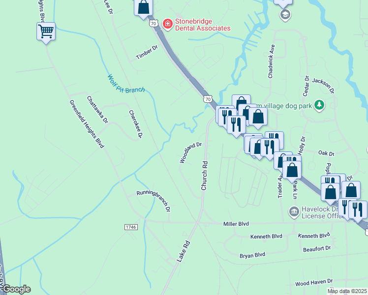 map of restaurants, bars, coffee shops, grocery stores, and more near 107 Woodland Drive in Havelock