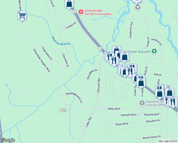 map of restaurants, bars, coffee shops, grocery stores, and more near 107 Woodland Drive in Havelock