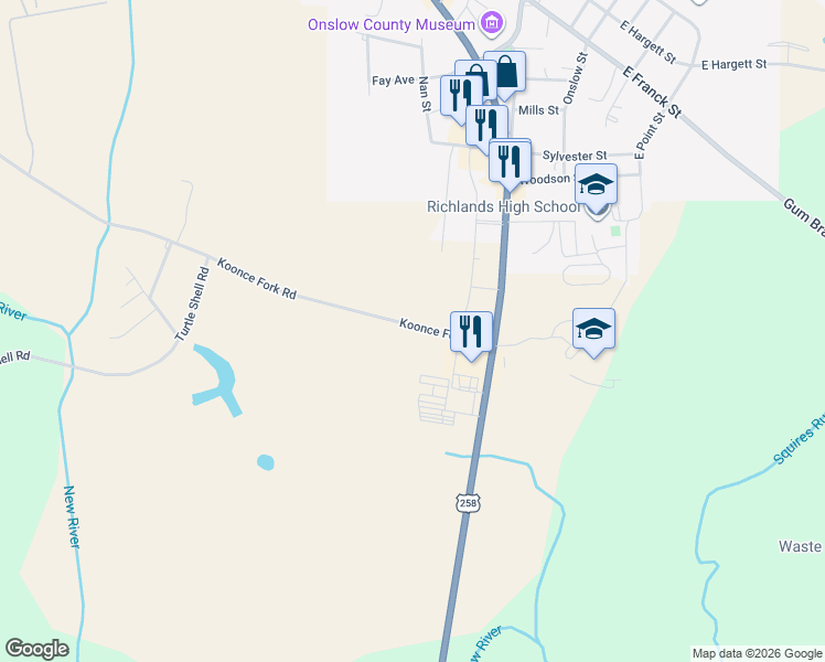 map of restaurants, bars, coffee shops, grocery stores, and more near 137 Koonce Fork Road in Richlands