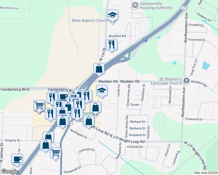 map of restaurants, bars, coffee shops, grocery stores, and more near 2400 Linda Lane in Jacksonville
