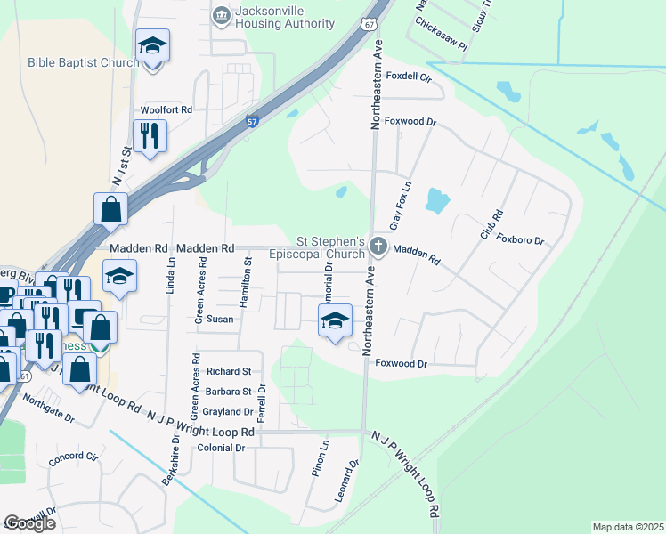 map of restaurants, bars, coffee shops, grocery stores, and more near 2403 Memorial Drive in Jacksonville