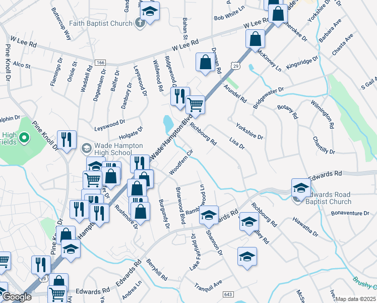 map of restaurants, bars, coffee shops, grocery stores, and more near 35 Woodfern Circle in Greenville