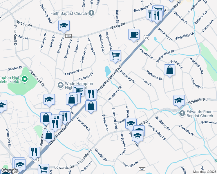 map of restaurants, bars, coffee shops, grocery stores, and more near 2206 Wade Hampton Boulevard in Greenville