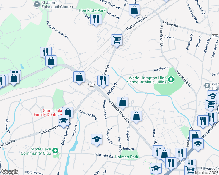 map of restaurants, bars, coffee shops, grocery stores, and more near 28 Hillrose Avenue in Greenville
