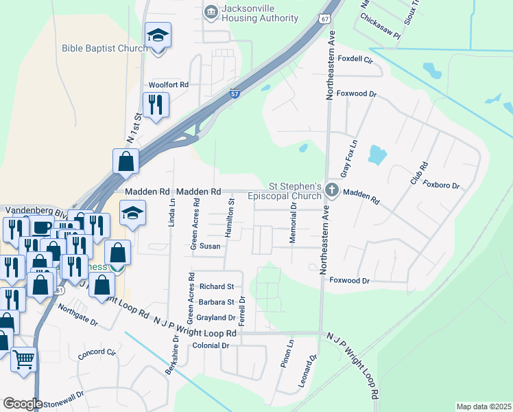 map of restaurants, bars, coffee shops, grocery stores, and more near 2405 Chapel Hill Road in Jacksonville