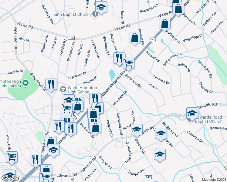map of restaurants, bars, coffee shops, grocery stores, and more near 2206 Wade Hampton Boulevard in Greenville