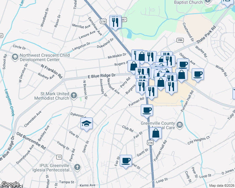 map of restaurants, bars, coffee shops, grocery stores, and more near 621 Perry Road in Greenville