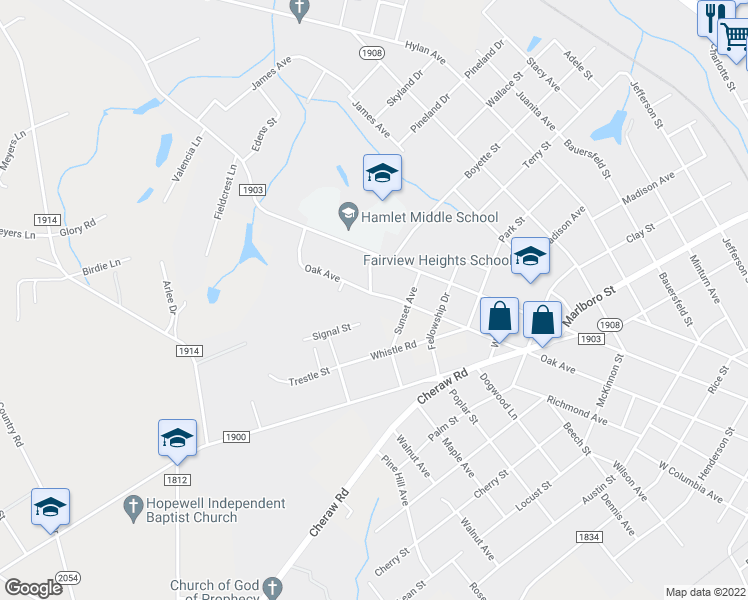 map of restaurants, bars, coffee shops, grocery stores, and more near 1107 Oak Avenue in Hamlet