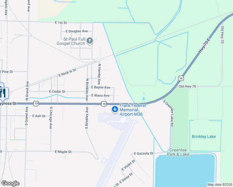 map of restaurants, bars, coffee shops, grocery stores, and more near 202 North Tulsa Avenue in Brinkley