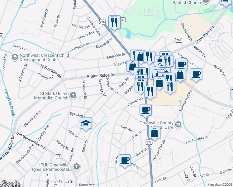 map of restaurants, bars, coffee shops, grocery stores, and more near 621 Perry Road in Greenville
