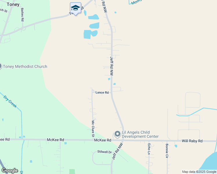 map of restaurants, bars, coffee shops, grocery stores, and more near 4338 Jeff Road Northwest in Toney