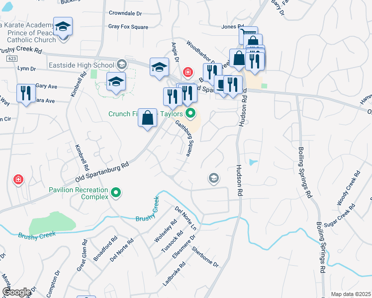 map of restaurants, bars, coffee shops, grocery stores, and more near 600 Gaithburg Square in Greer