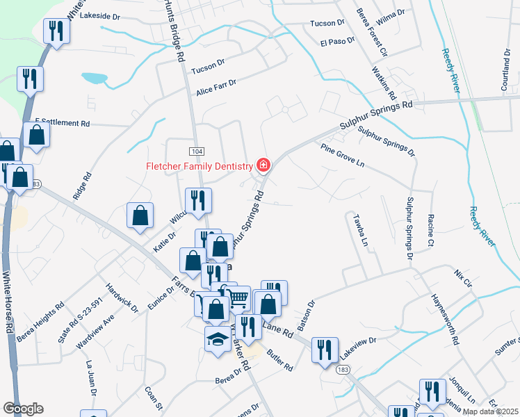 map of restaurants, bars, coffee shops, grocery stores, and more near 611 Sulphur Springs Road in Greenville