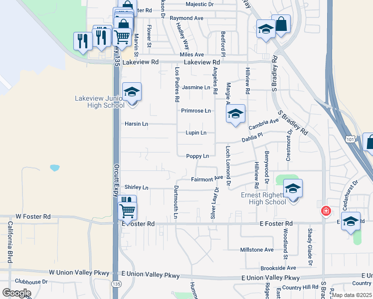 map of restaurants, bars, coffee shops, grocery stores, and more near 522 Dahlia Place in Santa Maria