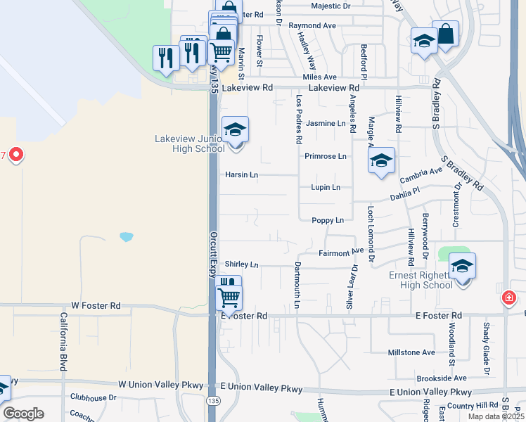 map of restaurants, bars, coffee shops, grocery stores, and more near 261 Pabst Lane in Santa Maria