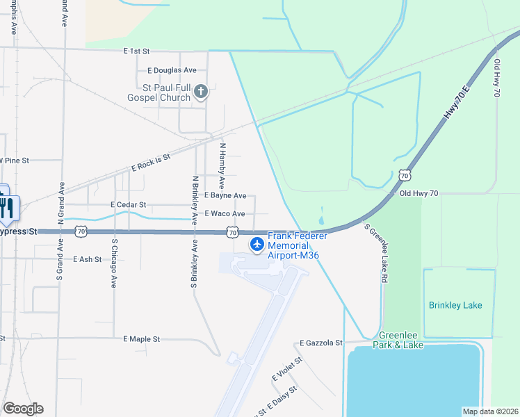 map of restaurants, bars, coffee shops, grocery stores, and more near 202 North Tulsa Avenue in Brinkley