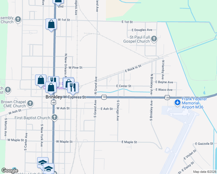 map of restaurants, bars, coffee shops, grocery stores, and more near 102 East Cedar Street in Brinkley