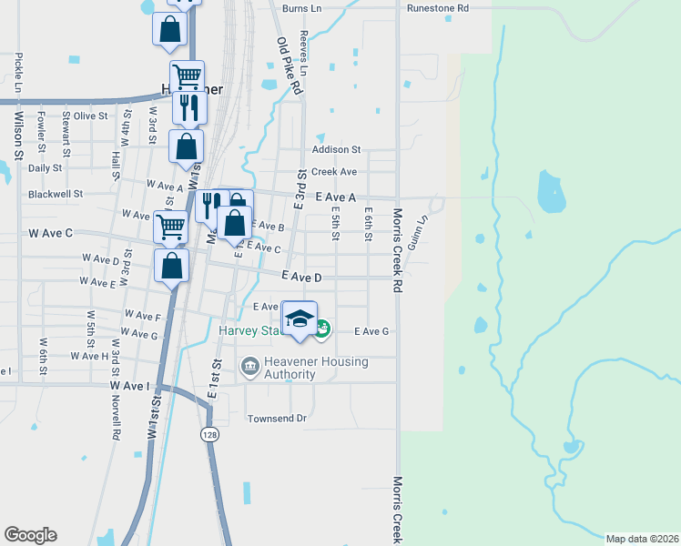 map of restaurants, bars, coffee shops, grocery stores, and more near 601 East Avenue D in Heavener