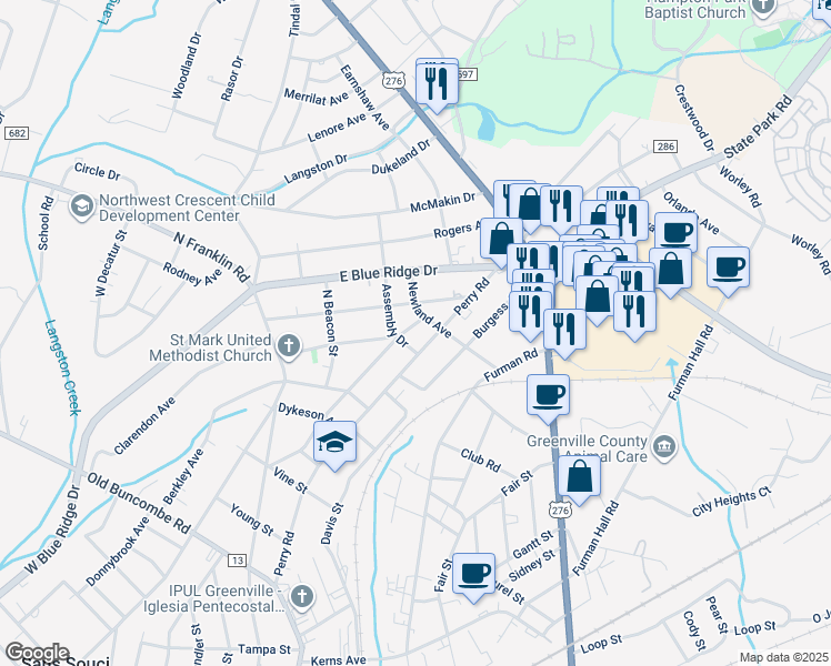 map of restaurants, bars, coffee shops, grocery stores, and more near 621 Perry Road in Greenville