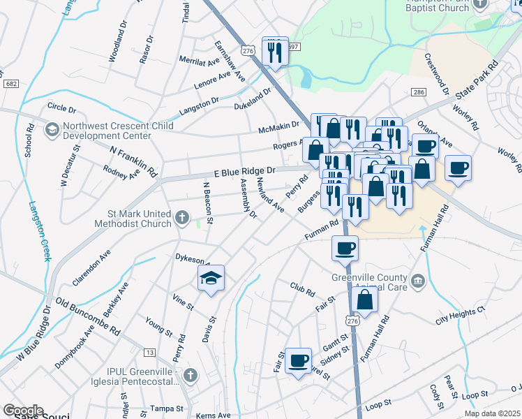 map of restaurants, bars, coffee shops, grocery stores, and more near 621 Perry Road in Greenville